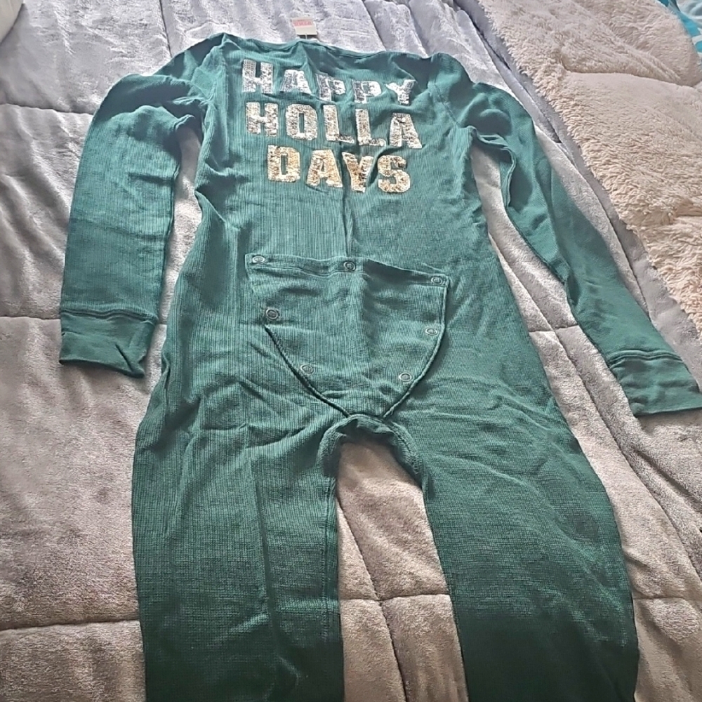 PINK Victoria's Secret Green Pajama Onesie with Long Sleeves and Festive Print